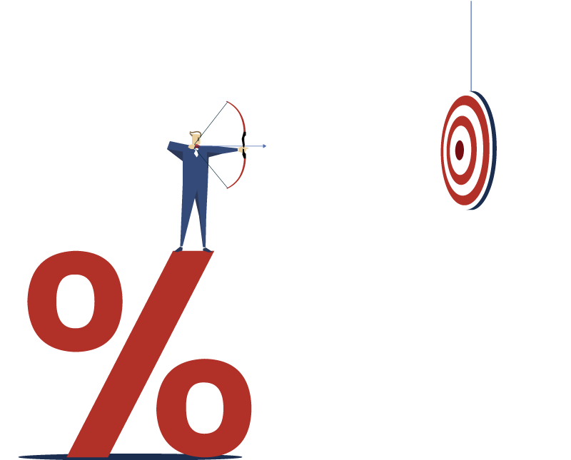 Homme debout sur un symbole pourcentage visant une cible avec un arc 