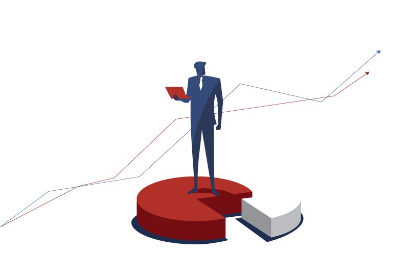 homme tenant un ordinateur debout sur un camembert statistiques